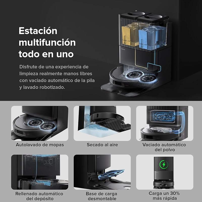 roborock QV 35A set Robot Vacuum Cleaner, sucção de 8000Pa, duas esfregonas rotativas de elevação, escovas anti-emaranhado, tecnologia reativa para evitar obstáculos, navegação e mapeamento, Preto