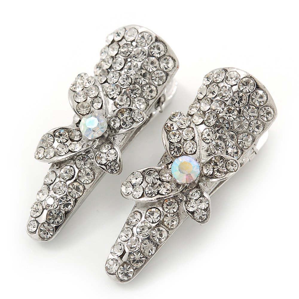 2 Small Rhodium Plated Clear & AB Crystal Butterfly Hair Beak Clips/Concord Clips - 35mm Length