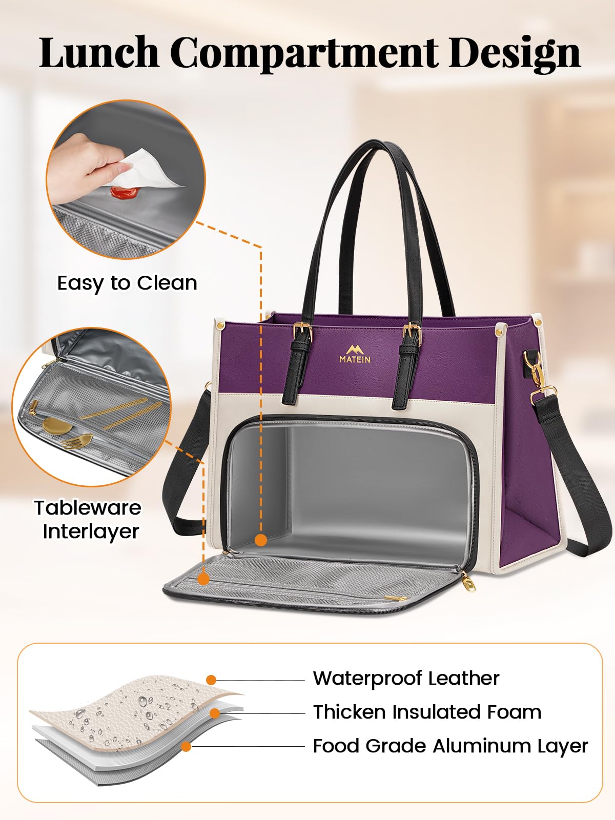 MATEIN Lunch Tote Bag for Women, 15.6 Inch PU Leather Laptop Briefcase with Insulated Lunch Compartment, Large Capacity Professional Computer Work Handbag with Purse for Office Nurse Teacher, 2 Sets