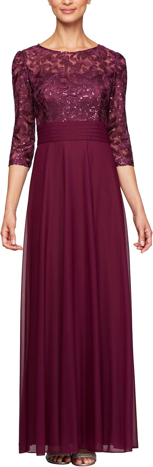 Alex Evenings Women's Long V-Neck Lace Dress with Overlay Skirt at  Women’s Clothing store