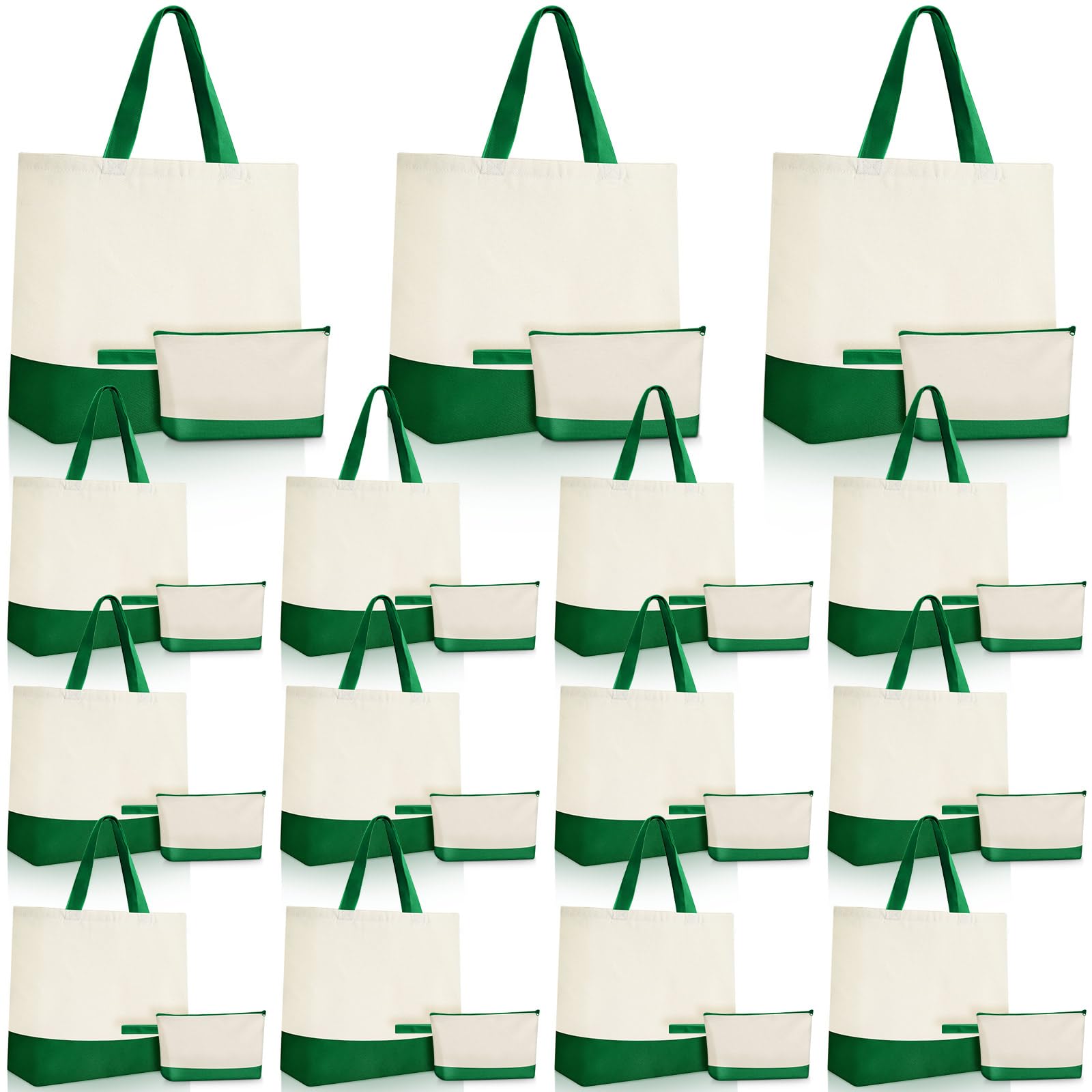 Photo 1 of Sanwuta 30 Pcs Canvas Tote Bags Bulk with Zipper Cosmetic Pouch 18.5" Reusable Cotton Shopping Bag with Handle for DIY Craft (Green)