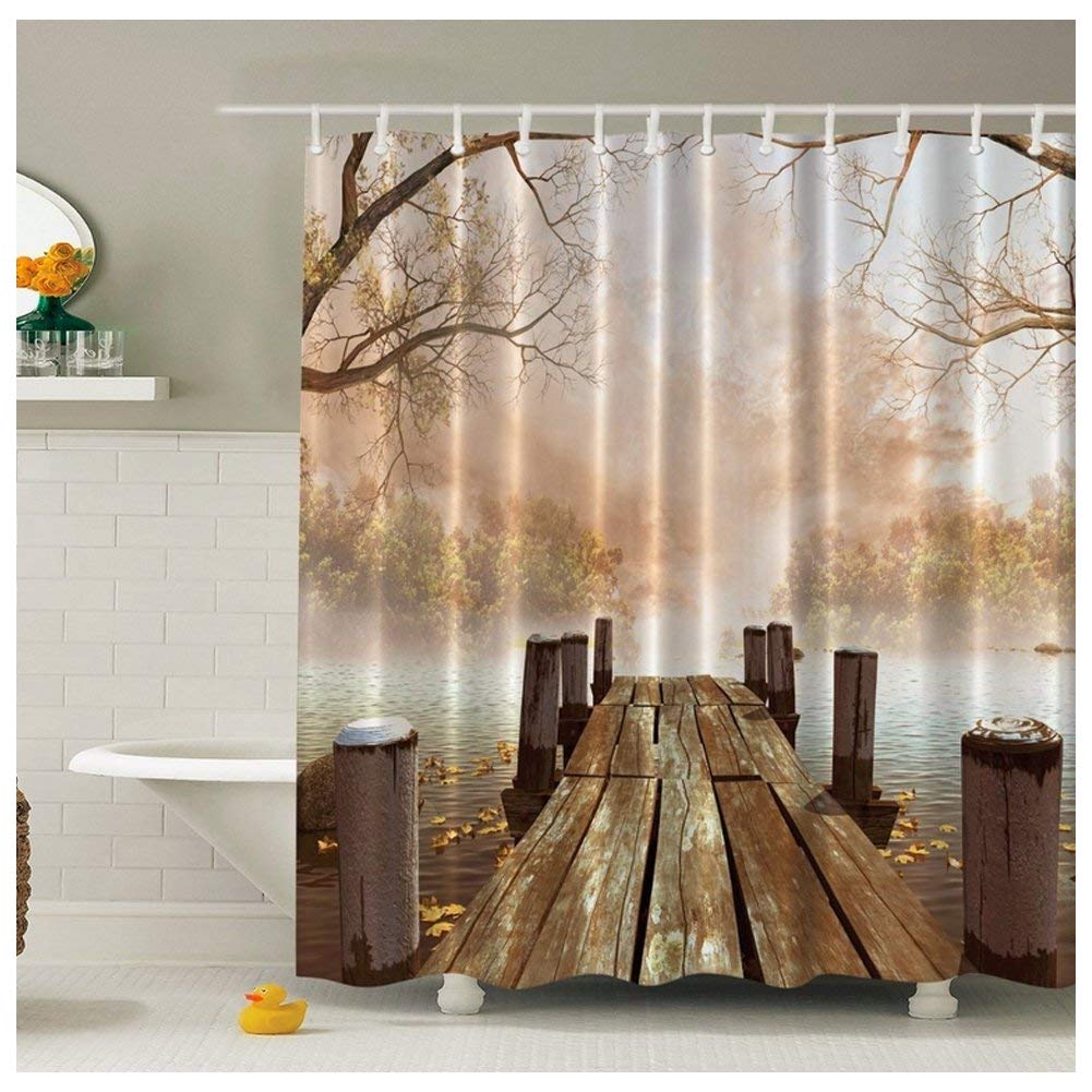 Minglitai Bathroom Shower Curtain, Bathroom Curtain Waterproof, Bath Curtain Mouldproof Mildewproof, Polyester Fabric Curtain Decoration with 3D Art Painting, 180x180cm Long with 12 Ring Hooks (Bridge)