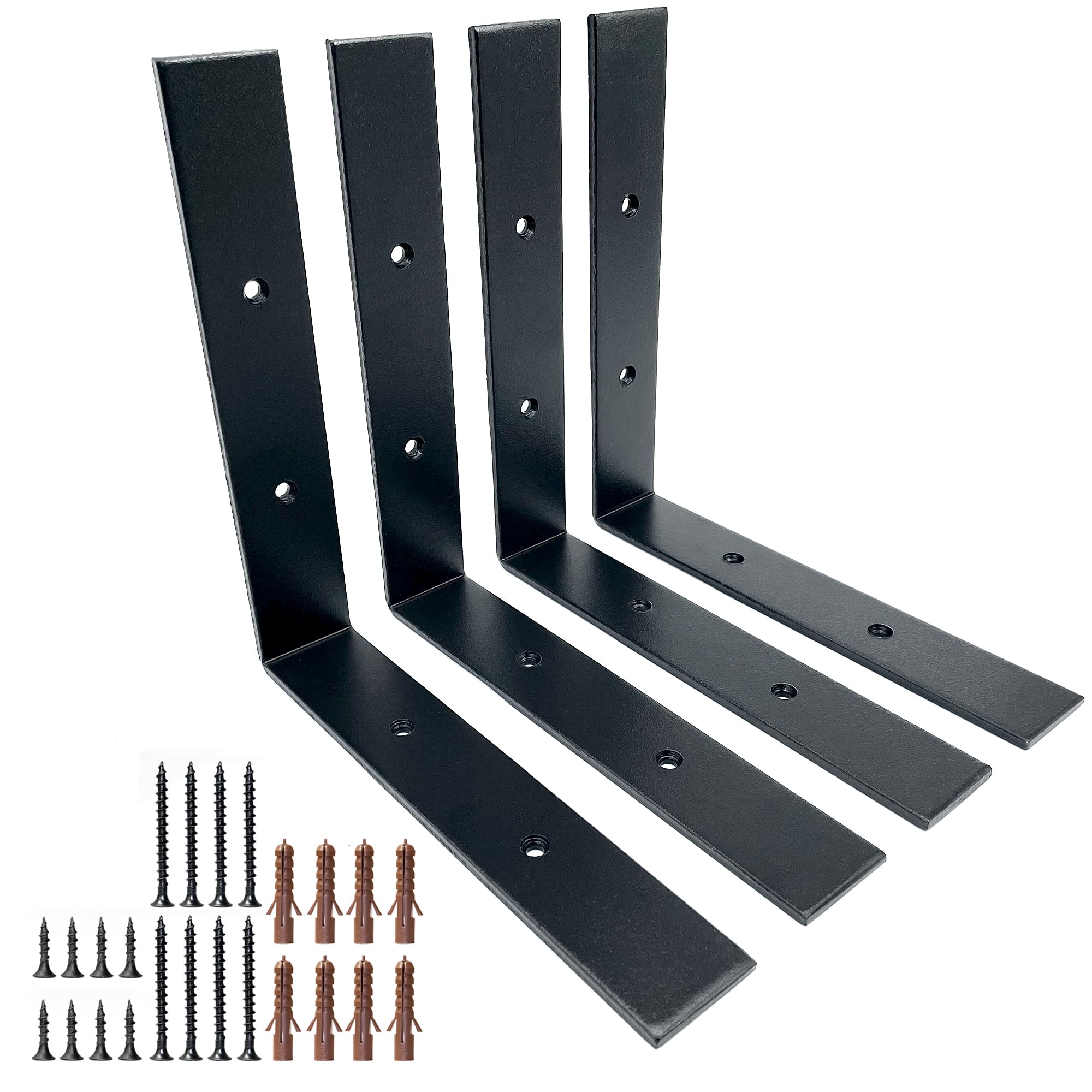 Top Notch Home and Living Four Heavy Duty Metal Shelf Brackets | Steel Flat Brackets for Wooden Wall Shelves | Support 40kgs | Inc Fixtures & Fittings