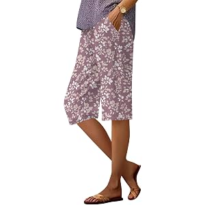 Womens Boho Floral Wide Leg Shorts High Waist Shorts Cropped Trouser Sweet Palazzo Trousers Lounge Slacks with Pocket