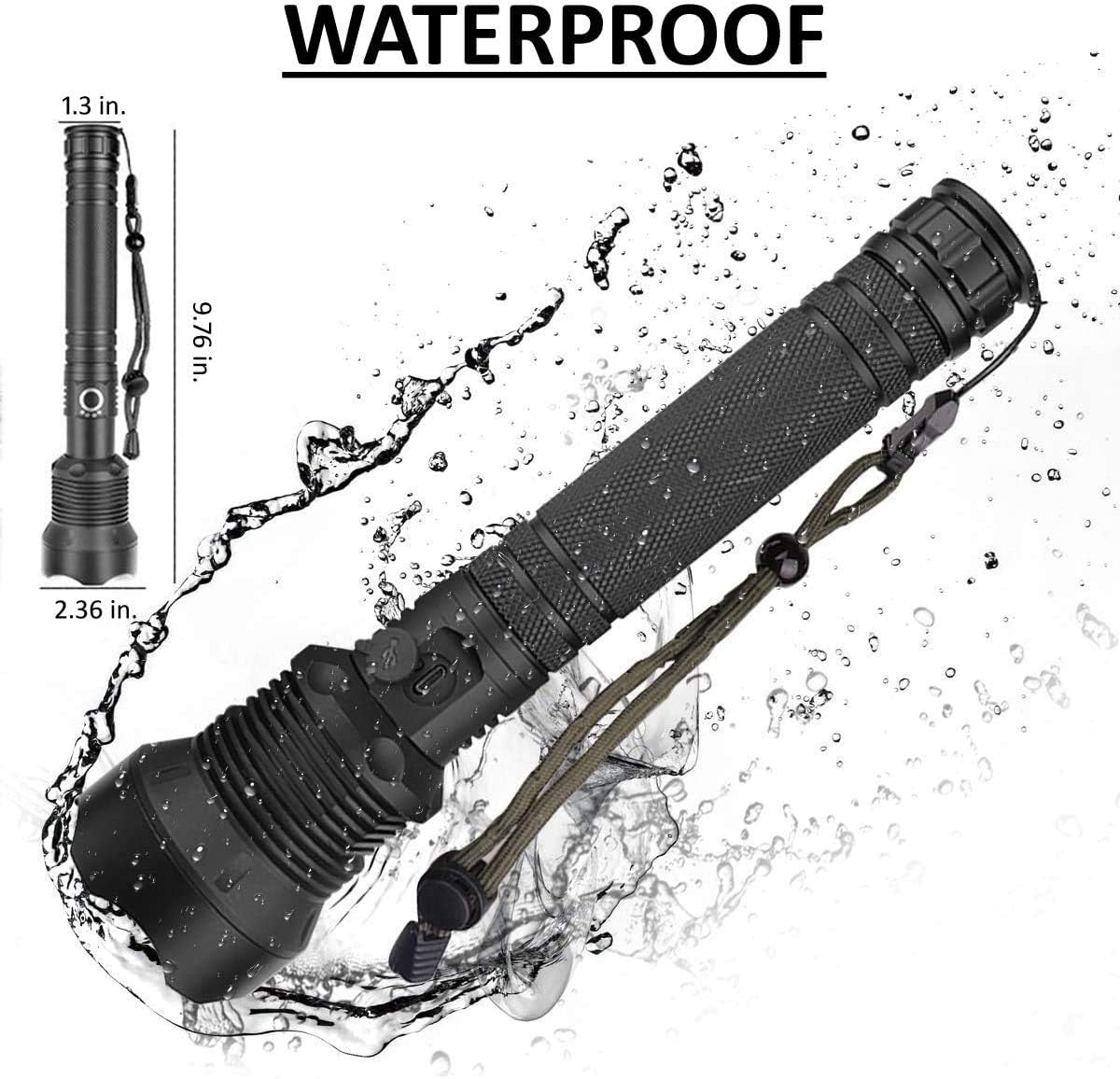Rechargeable Tactical Flashlight, 90000 Lumens Water Resistant Camping Flashlight, Super Bright Portable Outdoor Torch Light Zoomable Flashlight with Power Display BLACK - - 