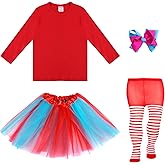 Mepase 4 Pcs Tulle Tutu Costume Accessories Set Christmas for Girls Long Sleeve T Shirt Tutu Skirt Striped Tights Hair Bows