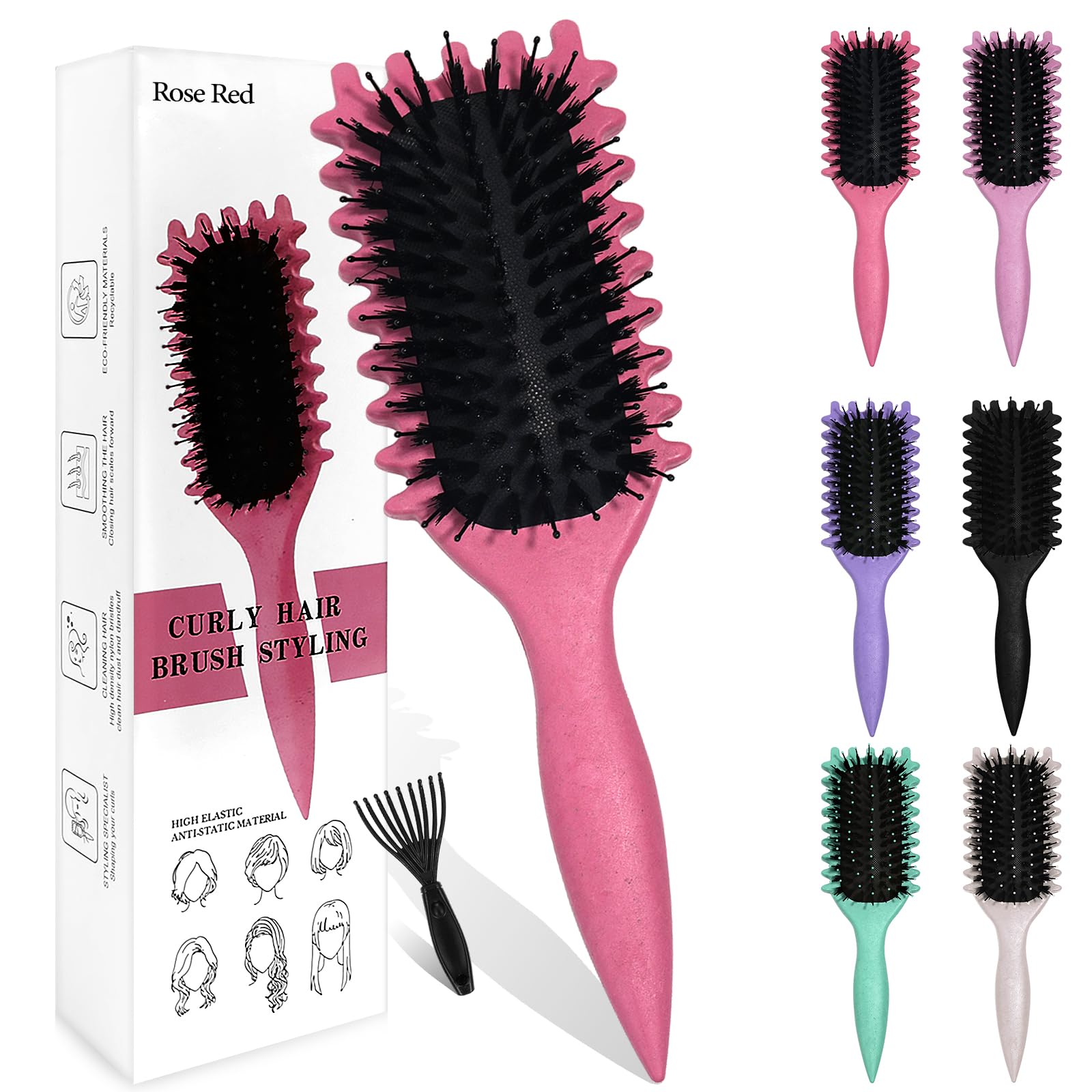 Sularpek Curly Hair Brush - Boar Bristle Curl Defining Styling Brush for Detangling, Shaping, and Defining Curls - Rose Red