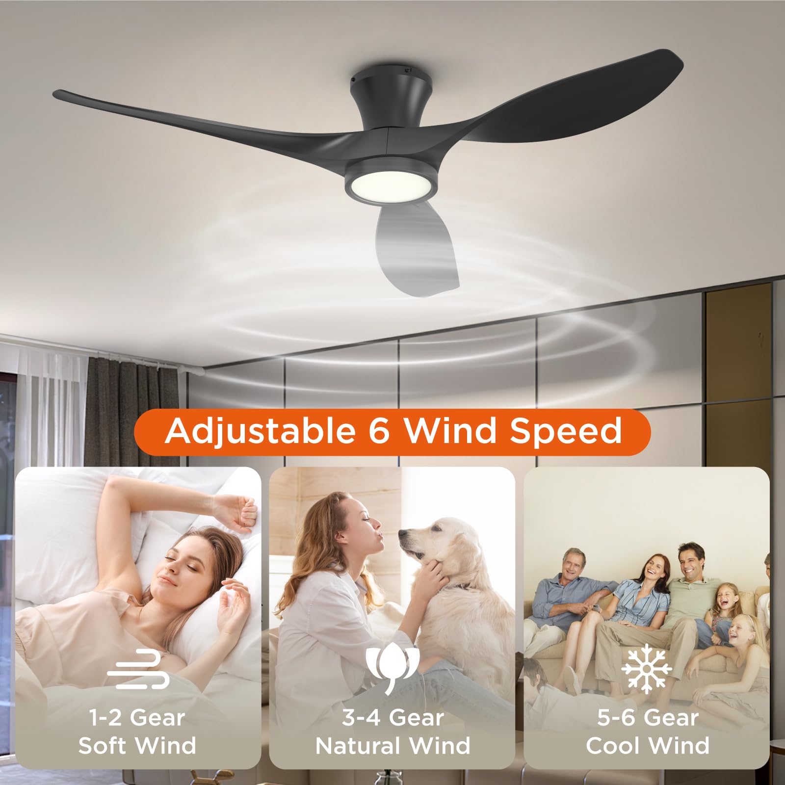 TALOYA 52 Inch Ceiling Fan with Led Light Remote Control Flush Mount Low Profile for Bedroom Farmhouse Patio Outdoor Living Room Kitchen Dining Room,DC Motor,Reversible,Black