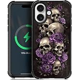 WANKBLC Compatible with iPhone 17 Magnetic Charge Case Shockproof Protective for Man Women Non-Slip for iPhone 17 Crazy Pattern Illustration Scary Skulls Purple Roses