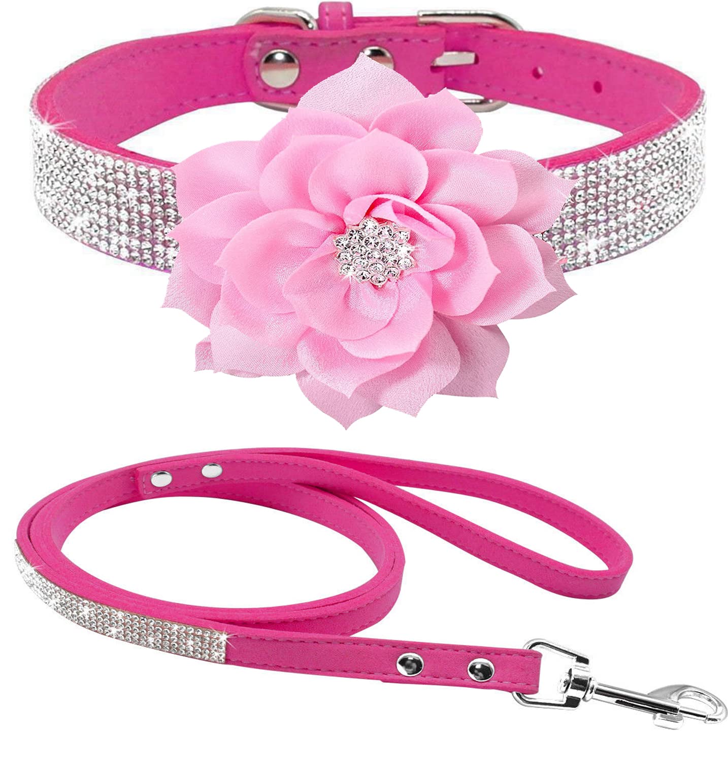 haoyueer Rhinestone Dog Collar, Cute Dazzling Sparkling Soft Suede Leather Dog Cat Rhinestone Collar Leash Crystal Diamond Pet Dog Puppy Collar (S, Hot Pink-6)