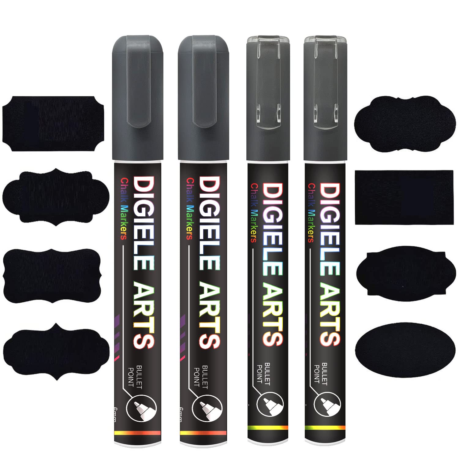 DIGIELE Liquid Chalk Pens, 2pcs 3mm & 6mm Silver, Dry/Wet Wipe Erase, Thin/Medium Bullet/Chisel Tip, 16 Labels