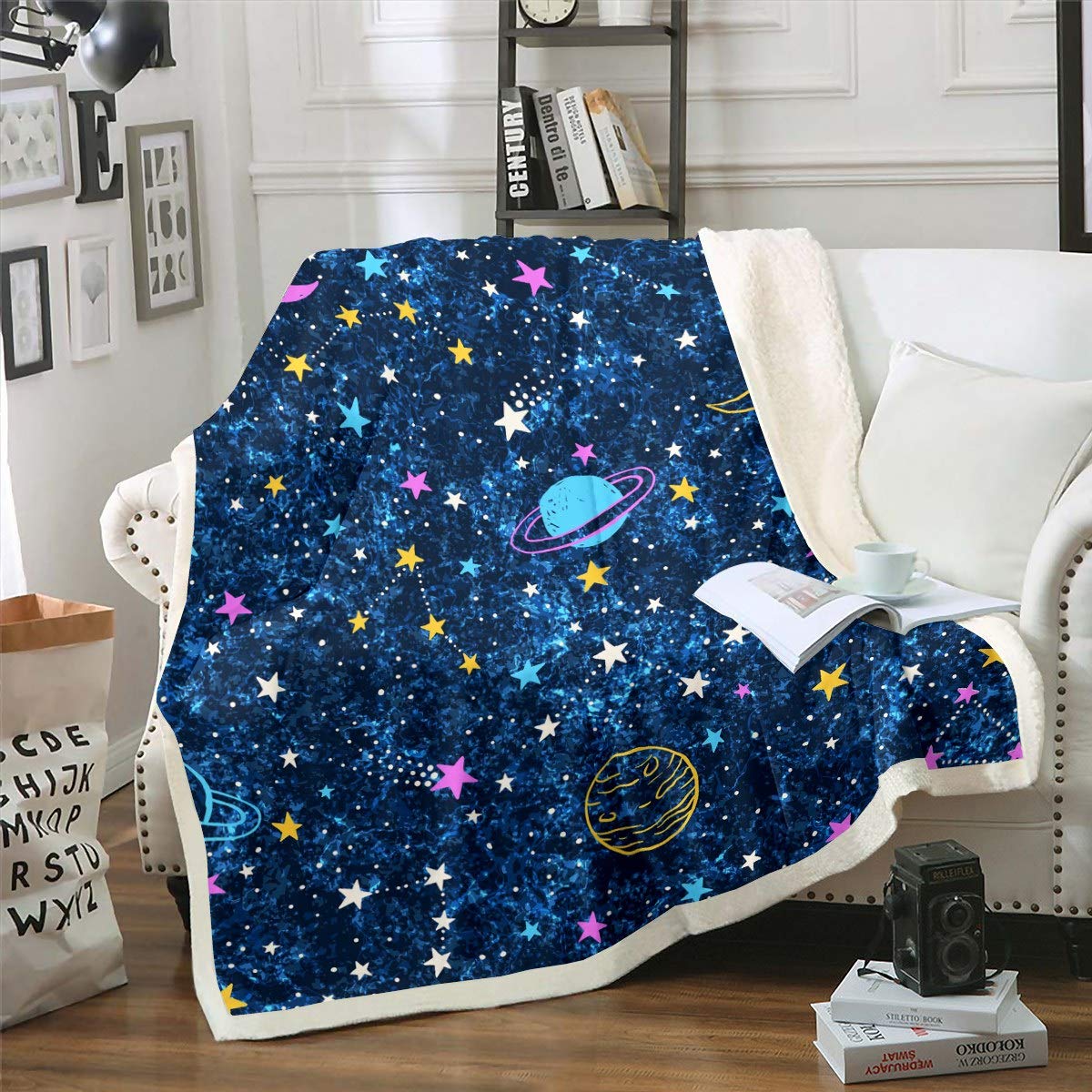 Loussiesd 3D Galaxy for Kids Boys - Outer Space Theme Fleece Throw With Cartoon Planets Stars - Universe Starry Sky Fuzzy Plush for Sofa Bed Couch - Double 60x79 Inch