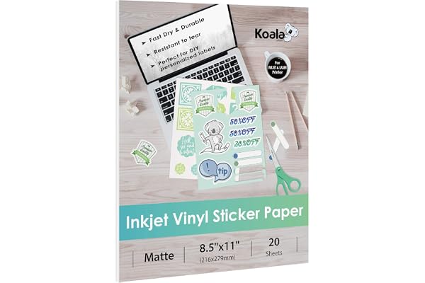 Koala Printable Vinyl Sticker Paper for Inkjet Printer - 20 Sheets Matte White Vinyl Sticker Paper, Waterproof Sticker Paper