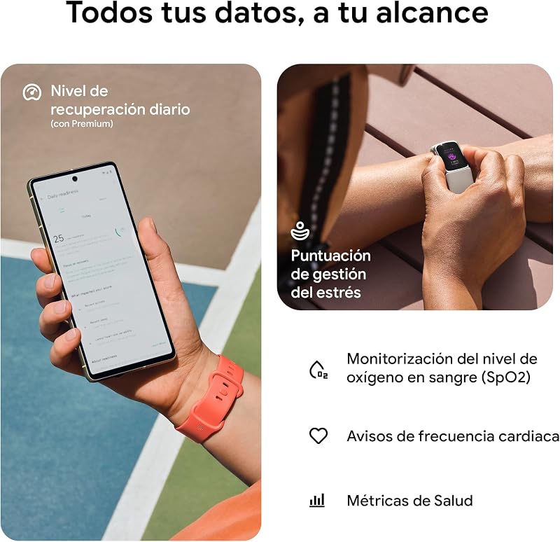 Google Fitbit Charge 6 Pulsera de actividad con 3 meses de suscripción al servicio Google Health Premium incluidos, 7 días de batería, Google Wallet y Maps, Coral/Aluminio Oro Champagne