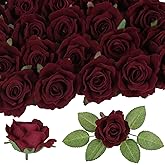 IPOPU 25pcs Burgundy Artificial Roses 2.75in Faux Velvet Roses Flowers Fake Flower Heads with Stems for Vase Table Centerpiece Home Wedding Party Garden Decoration(Burgundy)