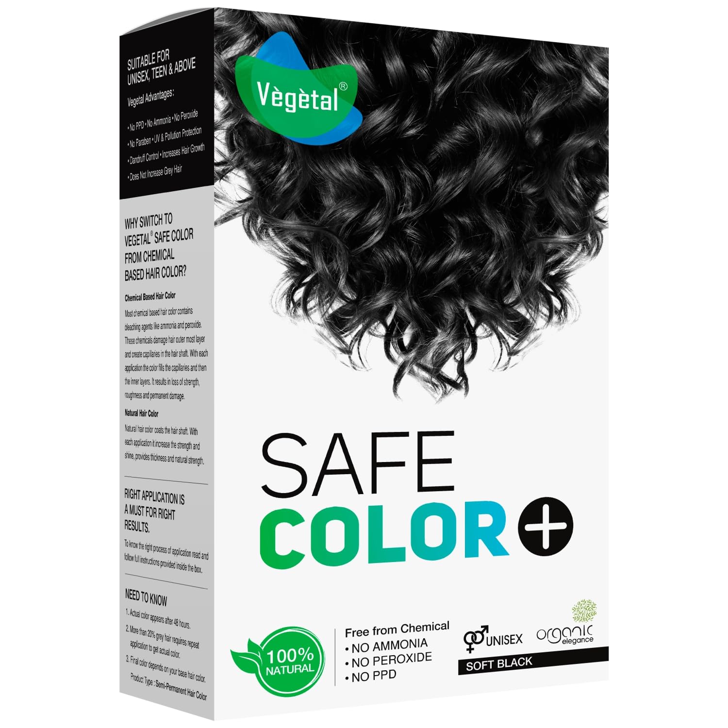 Vegetal Safe Hair Color Soft Black 50gm |Chemical and Allergy Free, Certified Organic Natural Hair Color for Men and Women with No Ammonia Formula