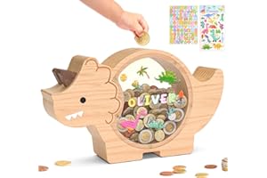 Summidate Wooden Dinosaur Piggy Bank, Cute Money Bank for Kids Boys and Girls,Unbreakable Wood Coin Bank,Saving Money Jar Per
