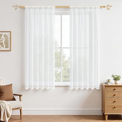 MRTREES Voile Curtains 54 Drop 2 Panels Faux Linen Sheer 55x54 White