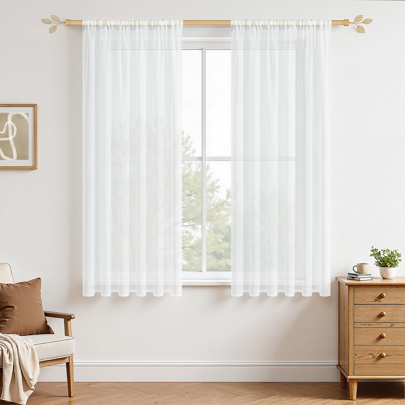 MRTREES Voile Curtains 54 Drop 2 Panels Faux Linen Rod Pocket Sheer Curtain Panel for Bedroom Living Room Patio Door 55x54 Drop 140cm x 137cm White