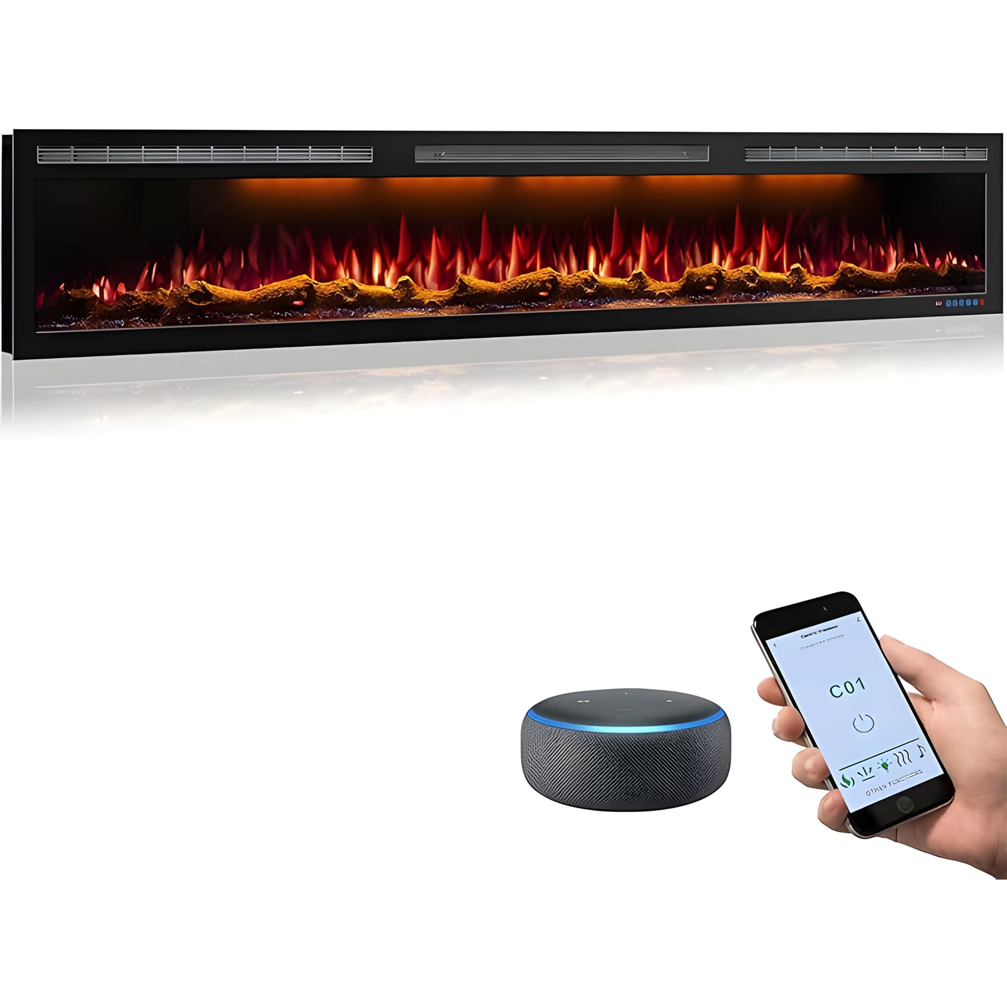 Photo 1 of Mystflame 95 Inch WiFi Electric Fireplace Heater, Recessed or Wall Mounted, Ultra?Slim 5.51" Deep,Extra-wide, 750/1500W, 6 Flame Colors & 13 Ember Bed Colors, Remote & App Control, Alexa & Google Home