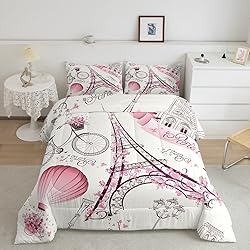 Eiffel Tower Couple Comforter Set Queen Size Pink