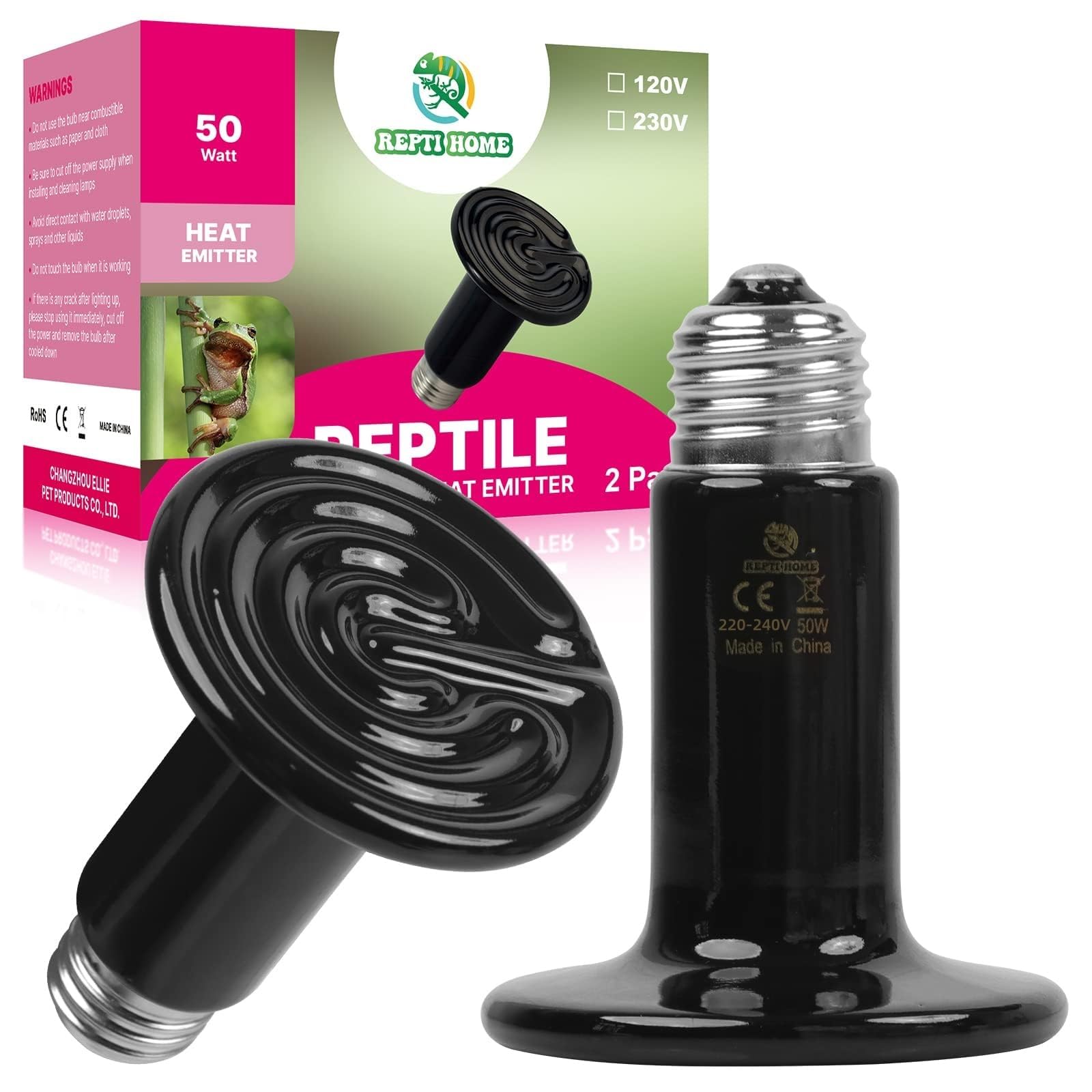 REPTI HOME Reptile Heat Lamp, Ceramic Heat Emitter E27 50W-2Pack, Ceramic Heat Bulb for Terrarium Light, Reptiles, Lizards, Tortoise, Snakes, Chicken