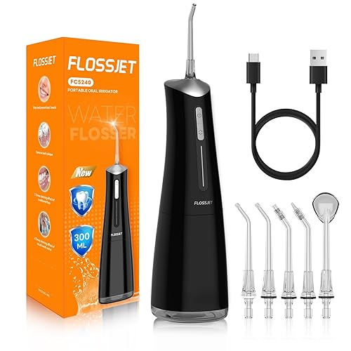 FlossJet Water Dental Flosser for Teeth Cordless with 300ML 4 Cleaning Modes 5 Jet Tips Portable Oral Irrigator USB-Powered Electric Flosser IPX7 Waterproof Irrigator Dental for Home (Black)