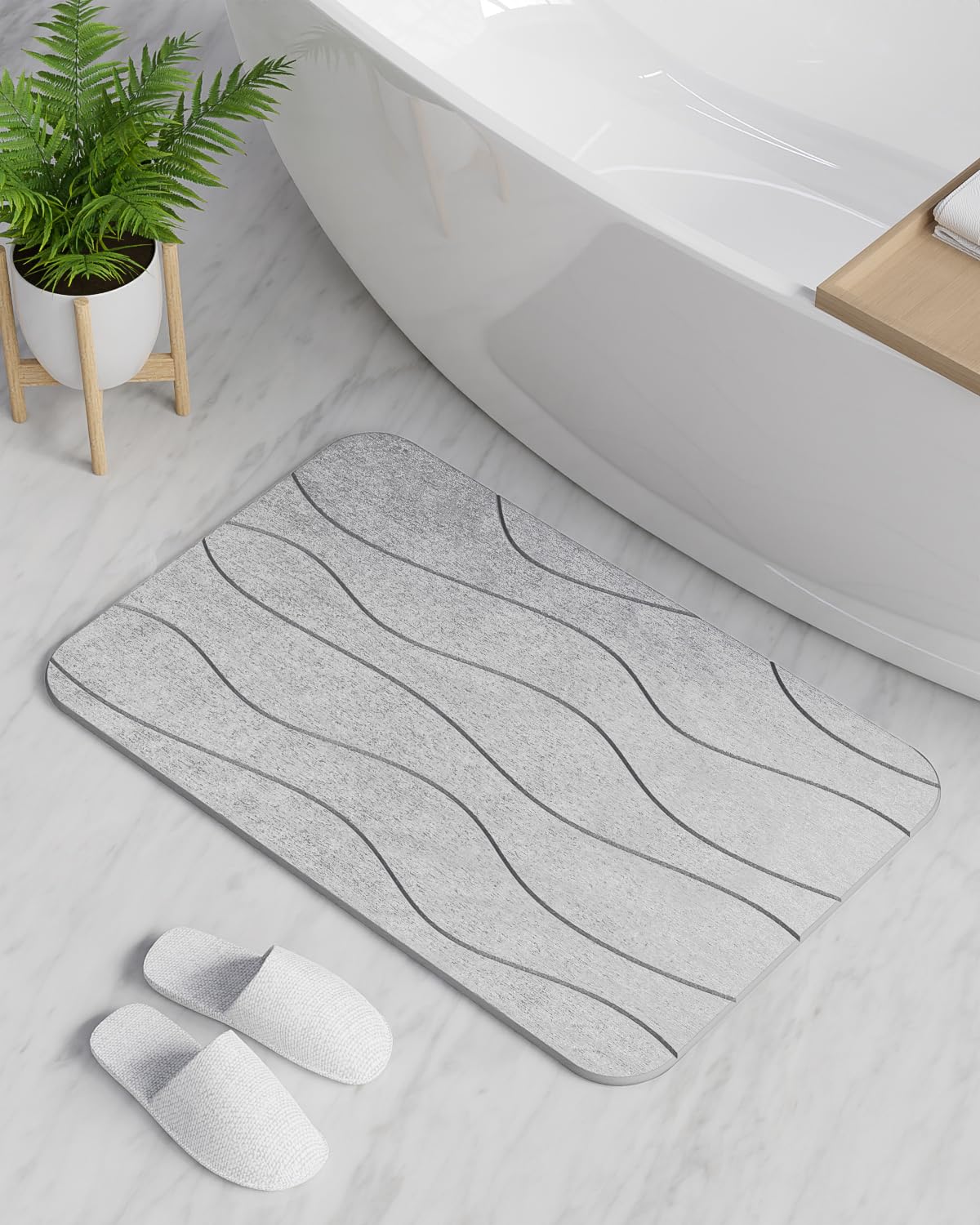 ZORUMAN Kieselguhr Non-Slip Bath Mat, Shower Mat, Quick-Drying, 100% Natural Stone, Absorbent Stone Rug, Bathroom Rug, 60 x 39 cm, Light Grey Wavy