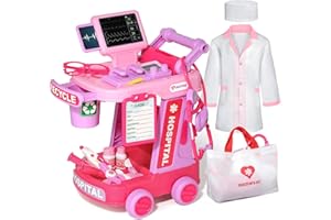 Phobby Doctor Kit for Toddlers Aged 3 4 5, Medical Pretend Play Set for Kids with Bag and Costume, Doctor Cart Toy for Girls Boys Christmas Birthday Gift (Pink)