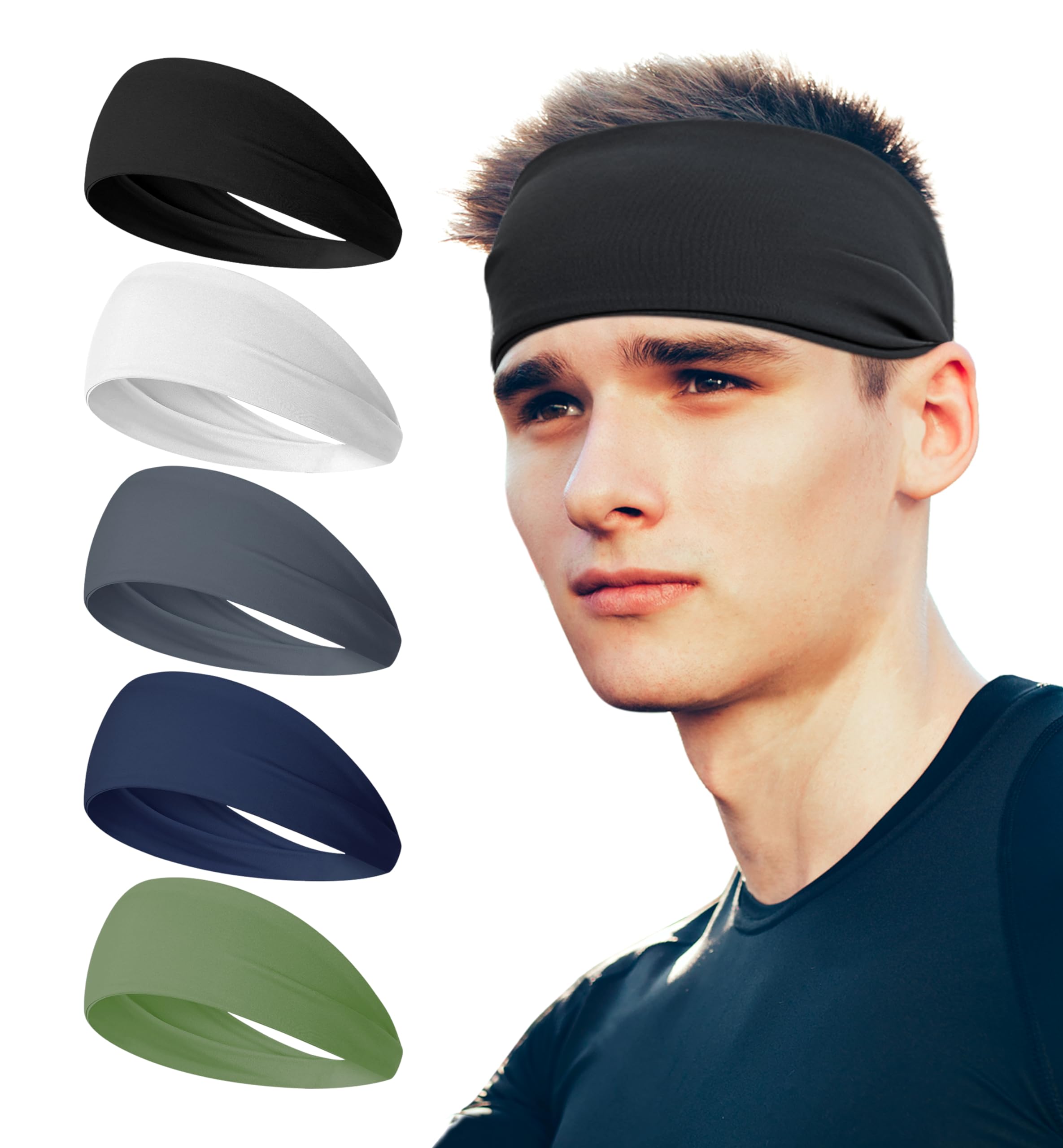 Photo 1 of **1 missing**HiRui Headbands for Men Women (5Pack), Running Headbands Moisture Wicking Workout Sweatband Sports Headband for Cycling Basketball Yoga Fitness (Black,White,Dark-Gray,Navy-Blue,Olive-Green,Set2)