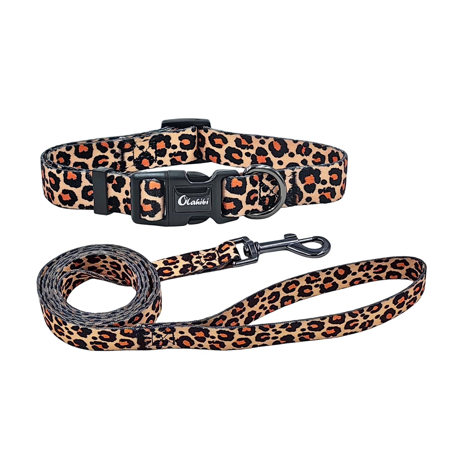 Olahibi Dog Collar and Leash Combo Set, Leopard Pattern, Polyester Material, 150CM Matching Leash, for Medium Dogs.(M, Yellow Leopard)