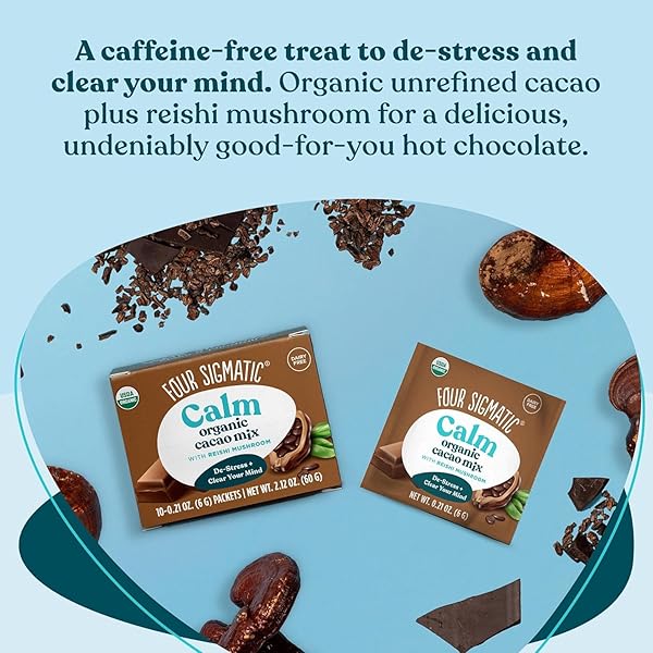 FOUR SIGMATIC CALM MUSHROOM CACAO MIX | ORGANIC INSTANT CACAO WITH ORGANIC REISHI MUSHROOM POWDER | SUPPORTS CALM & RELAXATION | DRINK IT OR BAKE WITH IT | VEGAN, GLUTEN-FREE, DAIRY-FREE | 10 COUNT