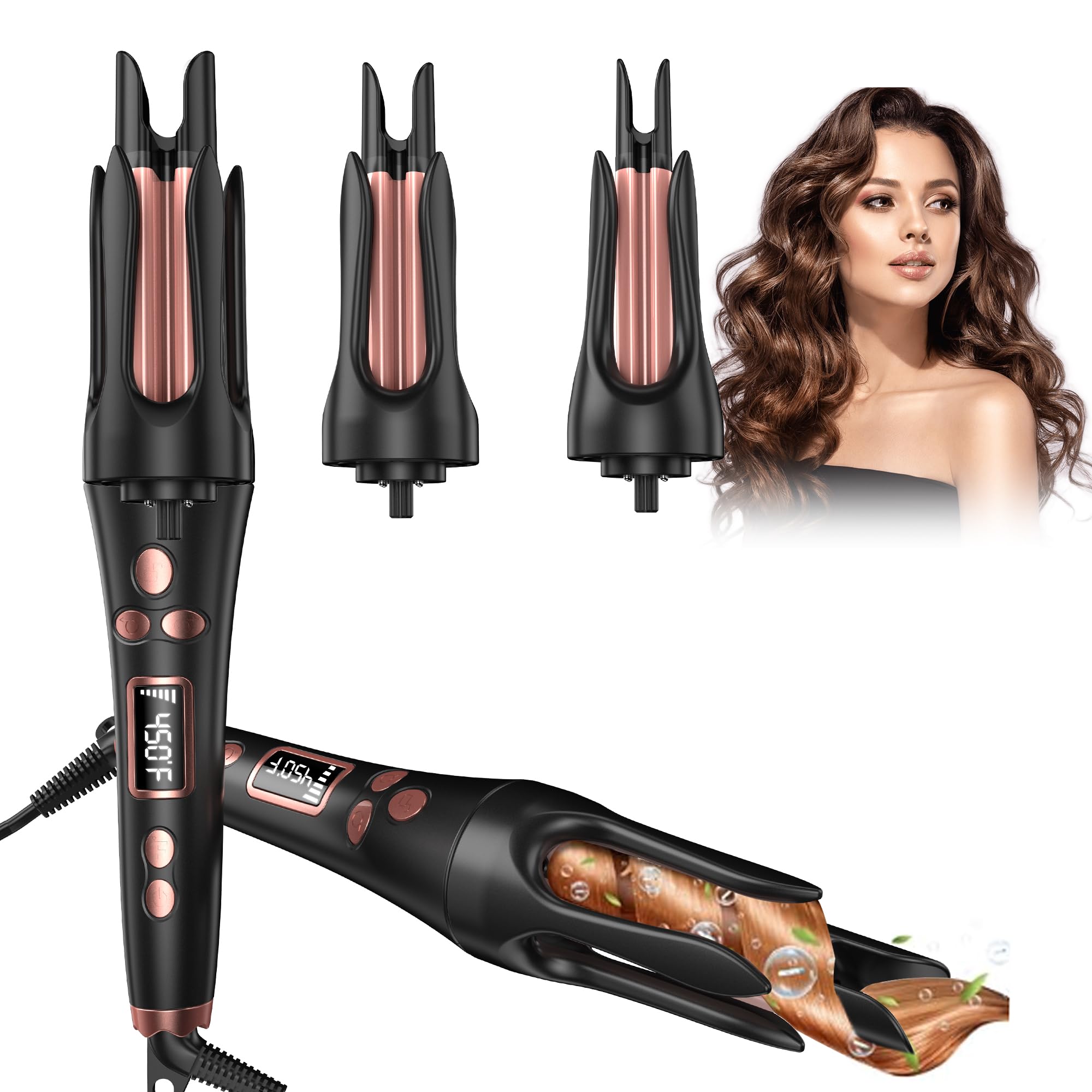 Photo 1 of 3 in 1 Rotating Curling Iron Set, Ceramic Automatic Curling Iron 3 Barrel(3/4”/1”/1.25”INCH), 60 MIN Auto Shut-Off, Anti-Tangle Automatic Hair Curler with 5 Temperature Double Voltage for Travel