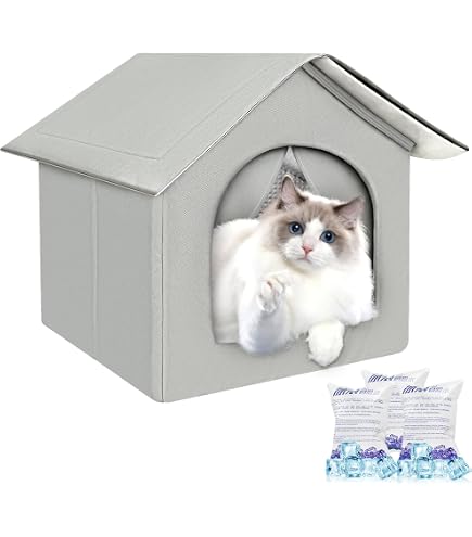 Foldable Pet Cooling House For Cats & Small Dogs Up To 11 Lbs - Includes 9 Ice Packs, Cushion & Is Weatherproof