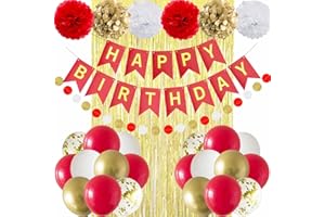 ANSOMO Red and Gold Happy Birthday Party Decorations with Banner Balloons Pom Poms Foil Fringe Curtains for Girls Women