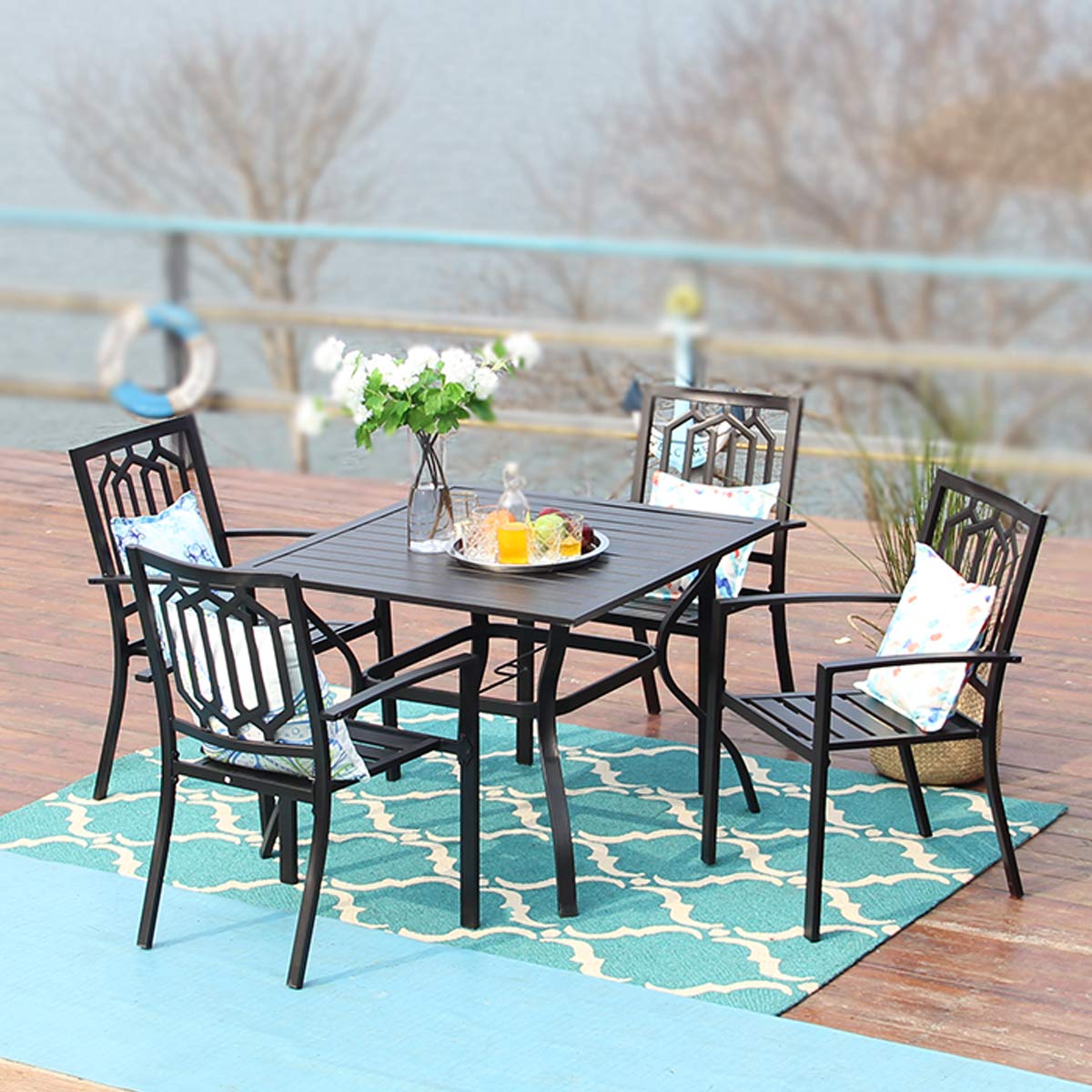 PHI VILLA Outdoor Patio Dining Set with 37 inch Table and 4 Chairs - 5 Piece Black