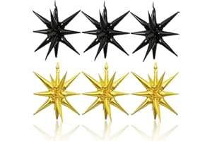 HILAVO 6PCS Black Gold Star Balloons, 22Inch Large Star Balloon Foil Balloons Spike Cone Balloon for Graduation Retirement Birthday New Year Party Decoration