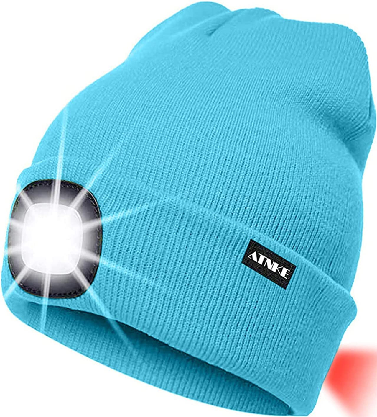 ATNKE 8LED Lighted Knit Hat,USB Rechargeable Running Headlamp Cap Ultra Bright Waterproof Light Lamp and Flashing Alarm Red Tail Light Multi-Color (Light Blue)
