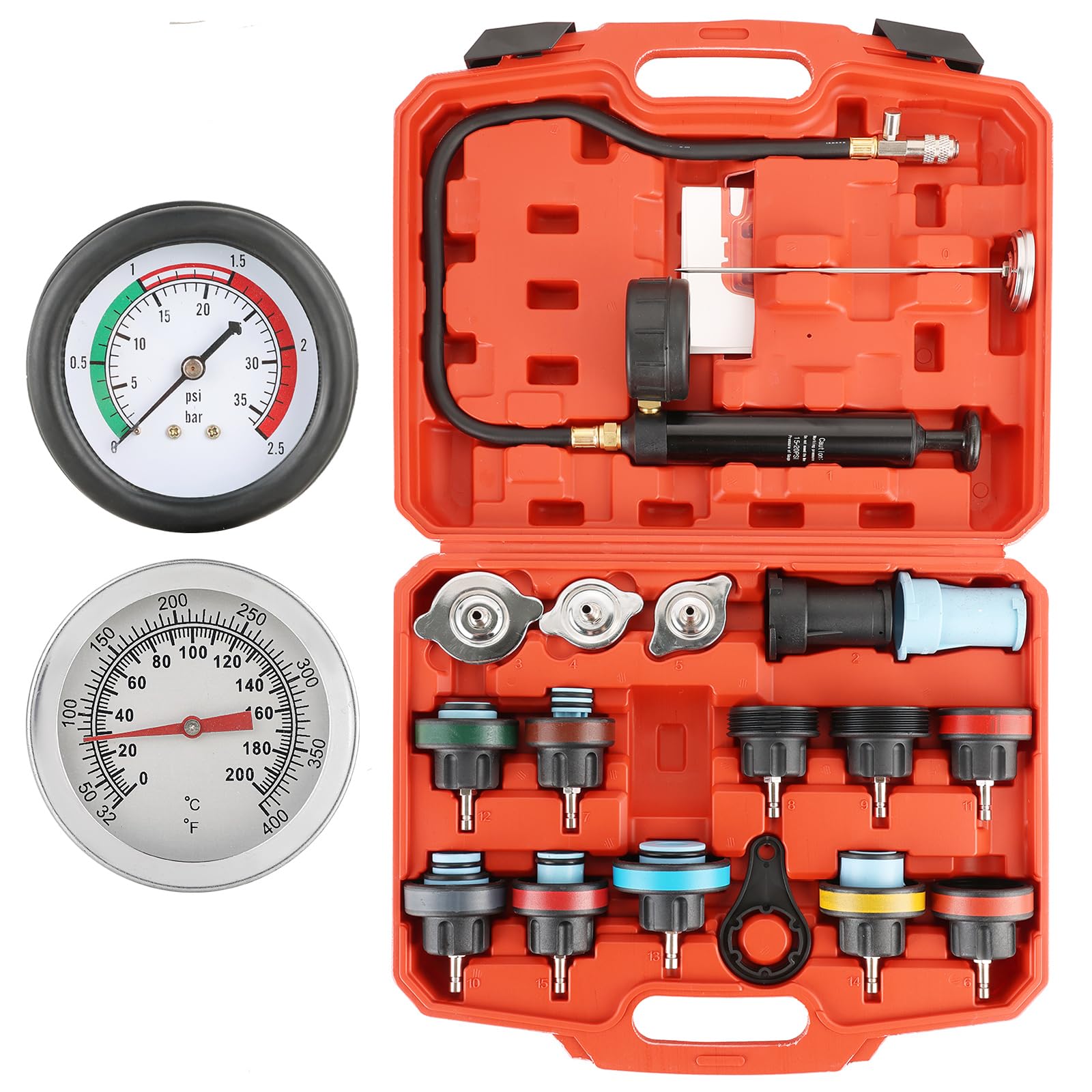 Photo 1 of NYXOVA Radiator Pressure Tester Kit, 18pcs Coolant Pressure Leakage Tester Detector Tool Set, Automotive Water Tank Manual Pump Pressure Test Tool with Adapters