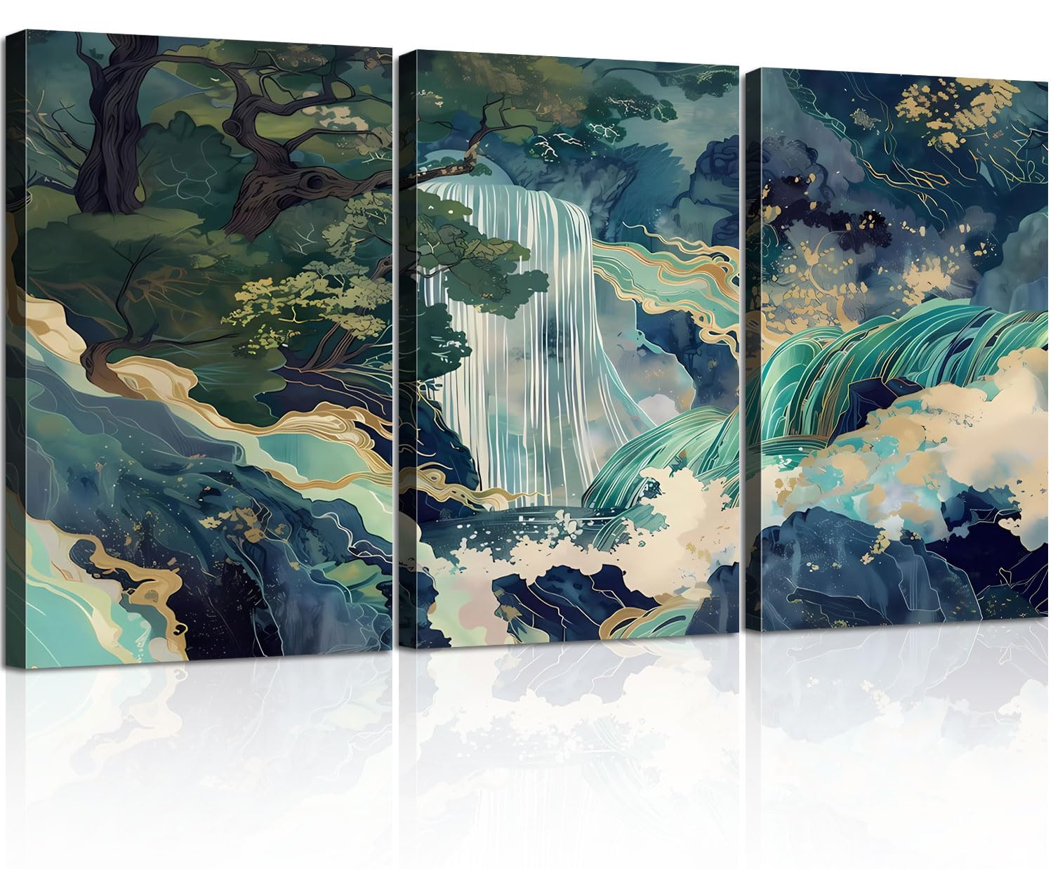 Photo 1 of 3Pcs Framed Japanese Canvas Wall art Painting Large Waterfall Scenery Poster Print Wrap Canvas Artwork Nature Scenery Abstract Blue Waterfall Zen Art Print Living Room Bedroom Office Decor 12x16 Inch