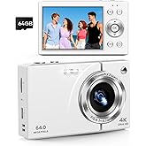 Digital Camera, 4K Vlogging Camera with Autofocus, 64MP, 16X Zoom, 64GB Card Included, Built-in Battery, Compact Digital Camera for Teens Adult Beginners, Ideal for Travel & YouTube - White