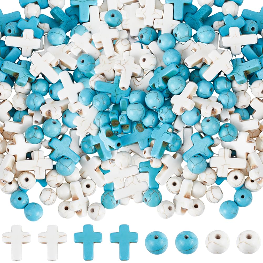 SUNNYCLUE 1 Box 200Pcs White Cross Beads Blue Stone Beads Bulk Mini Small Blue Synthetic Turquoise Easter Pocket Crosses 8mm Round Loose Spacer Bead for Jewellery Making Beading Kits DIY Craft — image 1