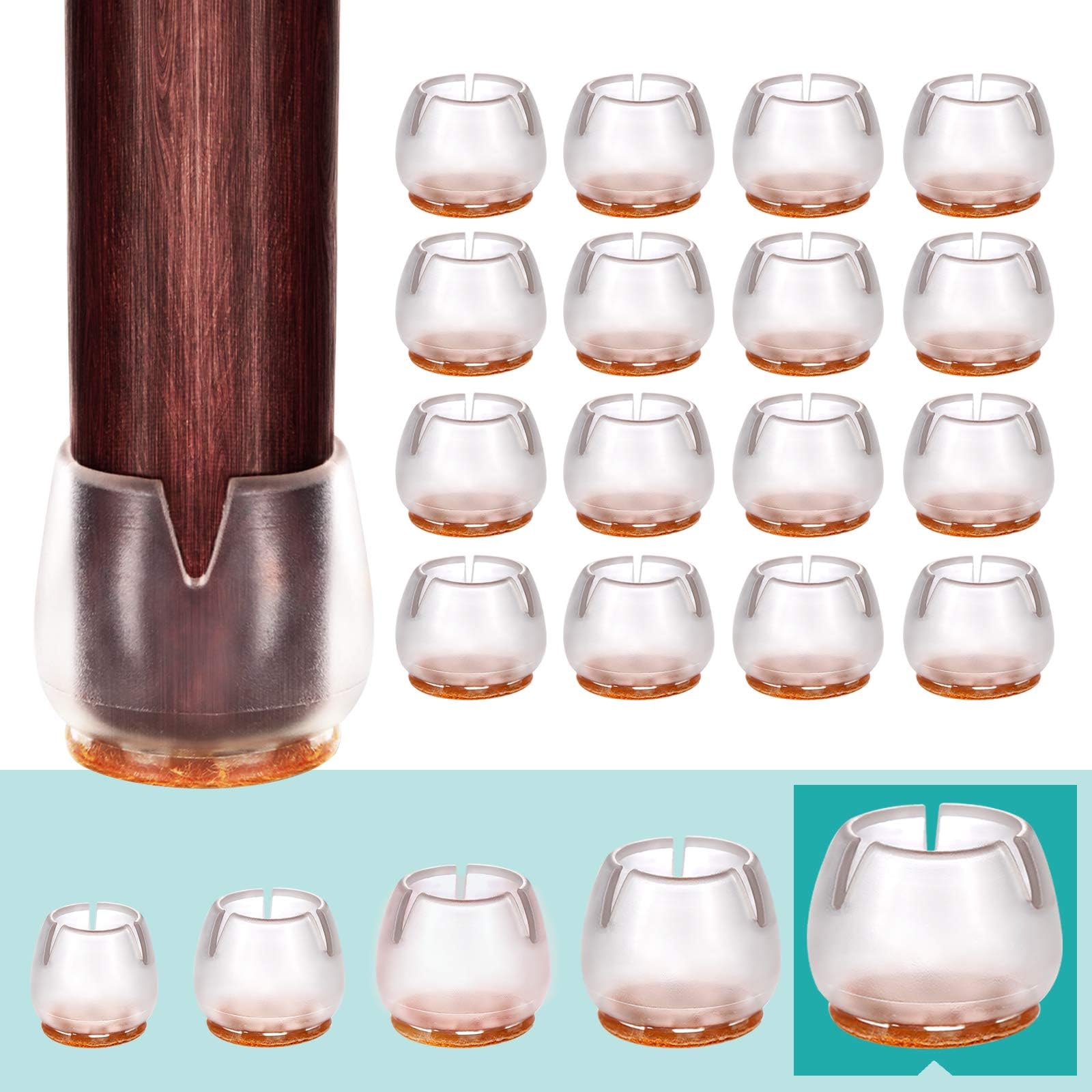 MelonBoat 1-1/2'' to 1-5/8'' Chair Leg Floor Protectors, Chair Leg Caps with Pads, Chair Leg Covers for Hardwood to Protect Floors, A-RD040, Fit Round Leg 1.5''-1.63'', 16 Pack