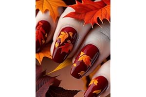 BYETOCE Square Press on Nails Autumn Fall Fake Nails Glossy Red Artificial Glue on Nails Kit with Fall Leaf Design Full Cover False Nails with Gel Stick on Acrylic Nails for Women 24Pcs