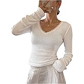 GORGLITTER Women's Lace Long Sleeve Top V Neck Fitted Cute Going Out Tops Tee Shirt Trendy