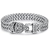 HANRESHE Men's Dragon Head Bracelet, Stainless Steel Cuban Link Chain, Viking Style Clasp, Silver