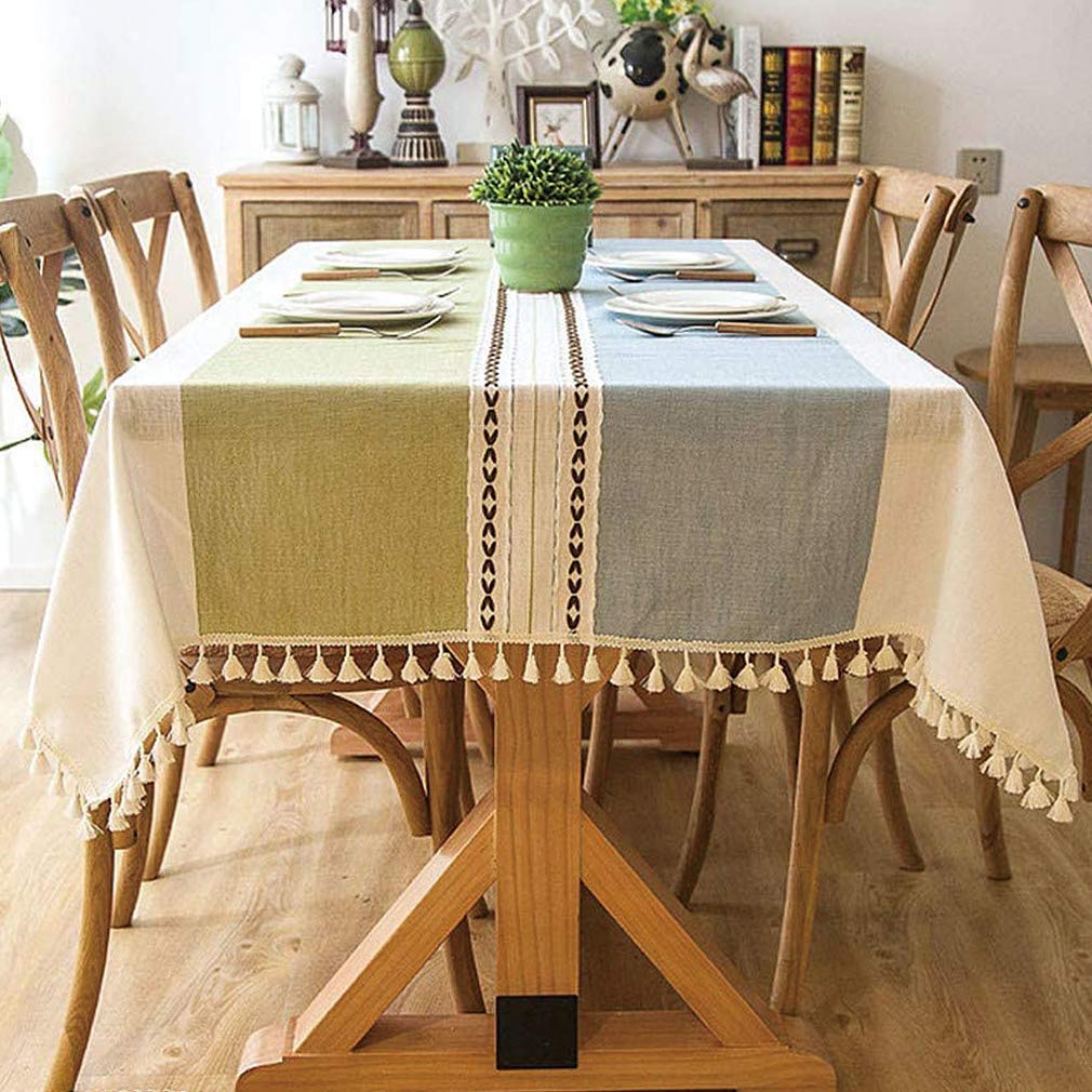 Lifetooler Tablecloths Rectangular Cotton Linen Tablecloth Washable Tassel Tablecloth Wrinkle Free Dust-Proof for Kitchen Dinning Party Tabletop Decoration (Blue-green, 55 x 71 inch)