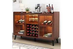 Loomie Wine Bar Cabinet with LED Light, Home Coffee Cabinet with Wine Rack and Glass Holder, Kitchen Buffet Sideboard W Storage Shelf, Freestanding Liquor Cabinet for Living Room, Dining Room (Walnut)