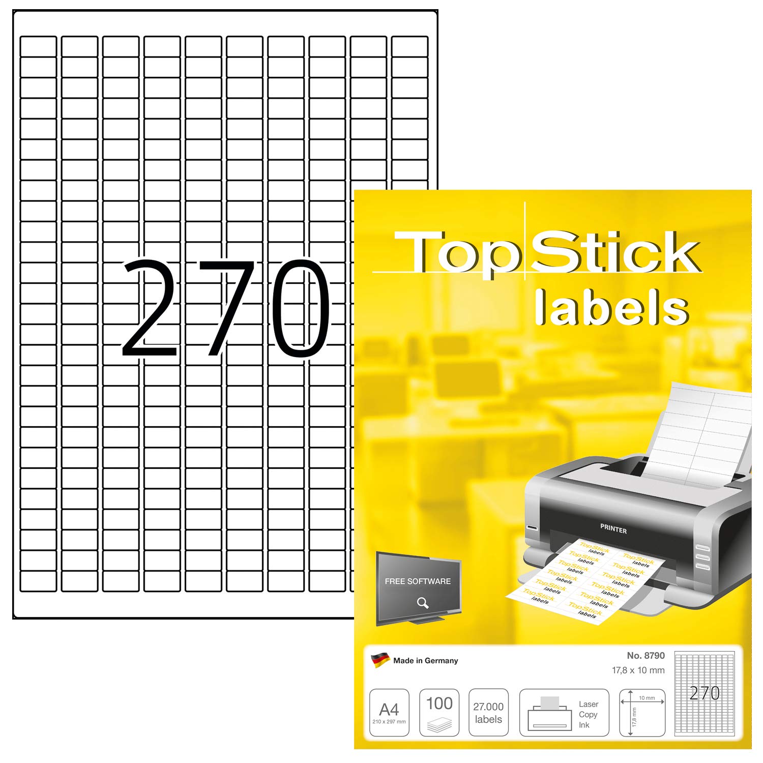 TopStick A4 Self Adhesive Address Labels, 270 Labels Per Sheet, 100 Sheets, 27,000 Labels, 17.8 x 10 mm, Blank Printer Labels For Laser & Inkjet, Printable Sticky Paper Labels for Office & Home