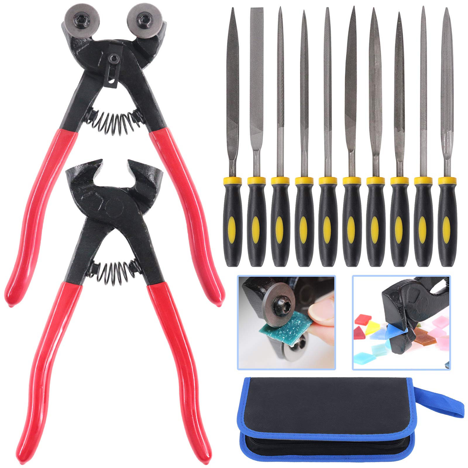 Glarks Mosaic Tool Set, Heavy Duty Glass Mosaic Pliers and Tile Cutters, Pliers with 10 High Tensile Needle Files for Cutting and Grinding Glass and Ceramics, 12 Pieces — image 1